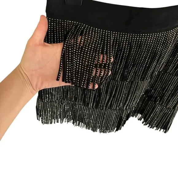Black Fringe Studded Skirt Medium Western Boho Festival Rodeo Dance Zipper - Picture 3 of 8